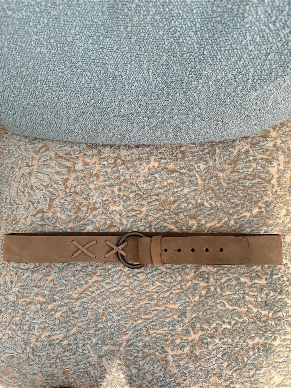 Sundance Neutral Taupe Suede Belt with Round Dark Metal Buckle